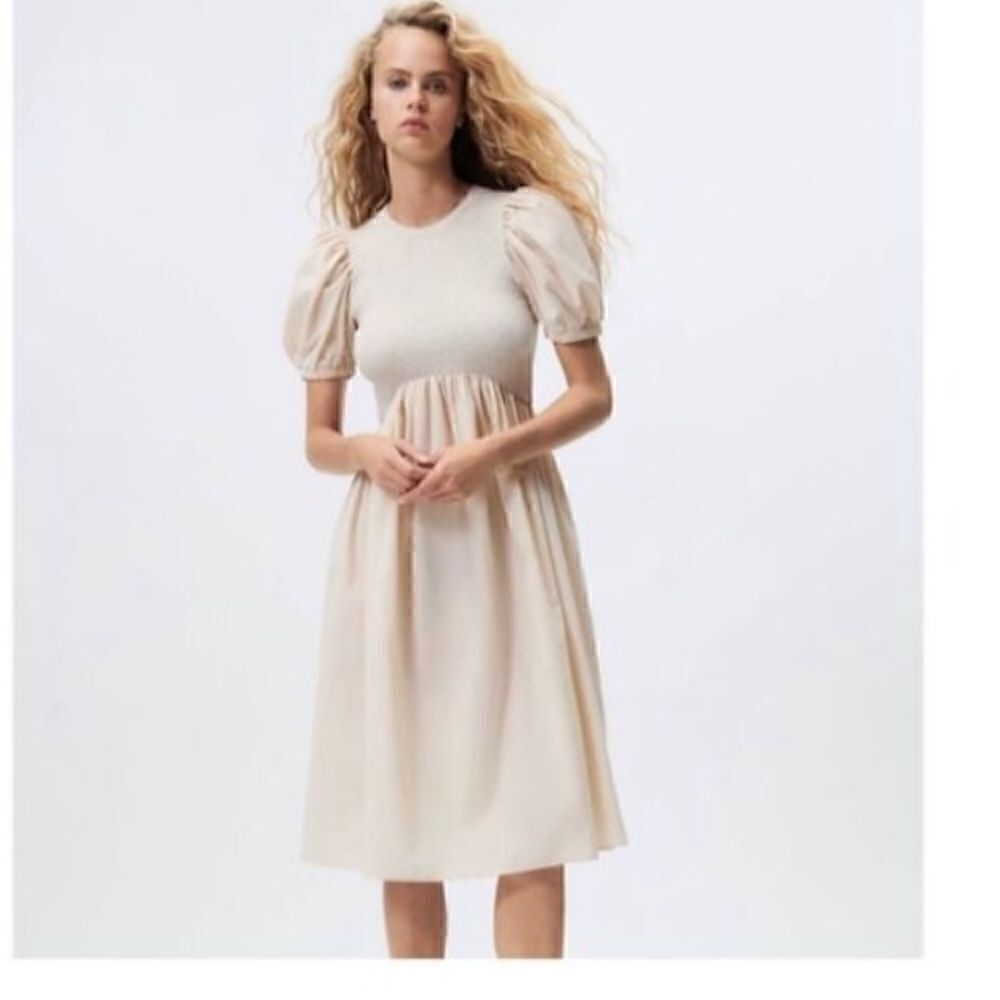 Zara Women’s Size Large Combination Puff Sleeve Midi Dress Tan Cotton Ribbed